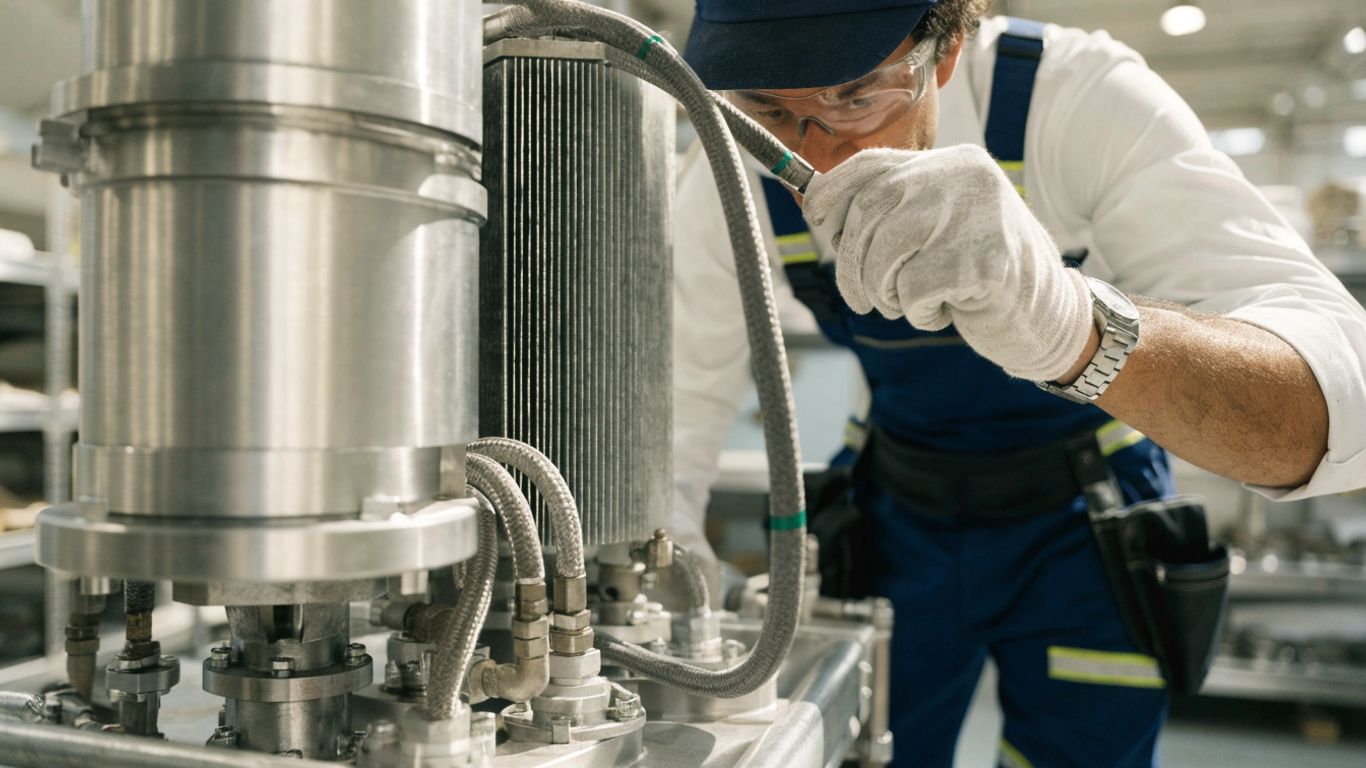 Technician inspecting a gearbox cooling assembly