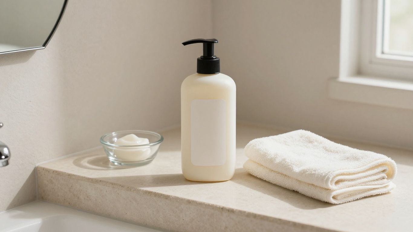 A small bottle beside soft folded towels