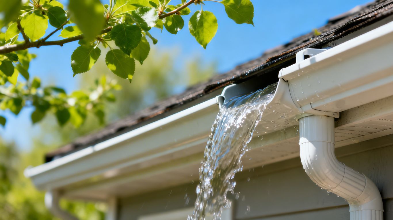 Clean gutters with water flowing during spring rain.