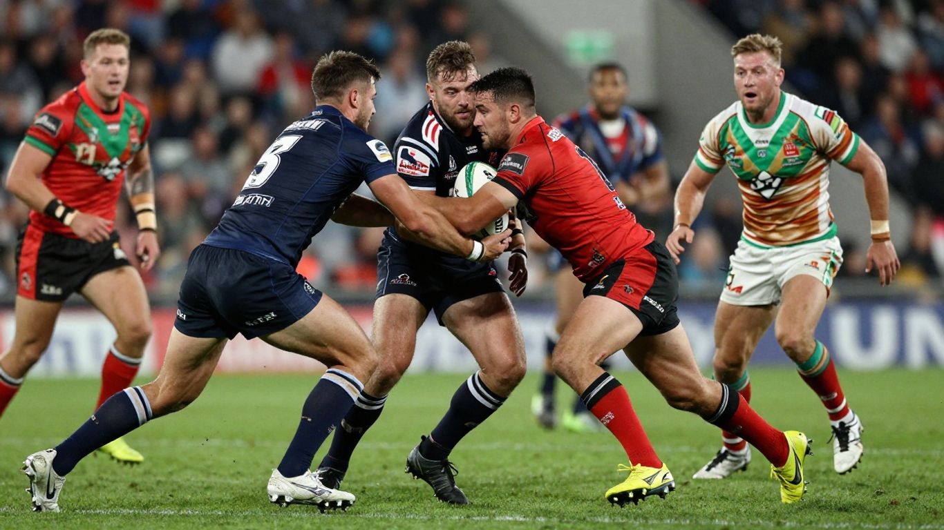 Rugby league players in action during a match.