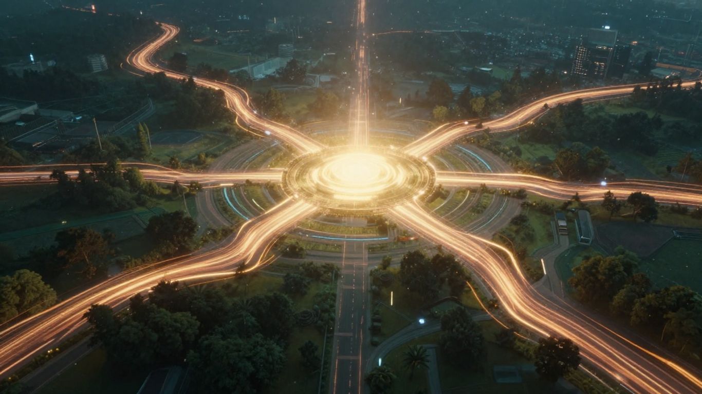 Digital pathways leading to a glowing hub.