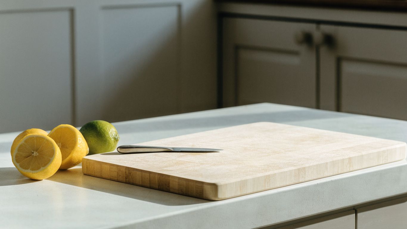 Compact maple board beside cocktail citrus and a small knife