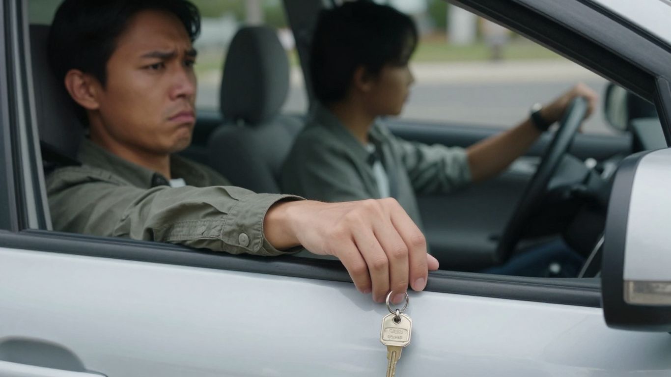 Keys locked inside car, person trying to open door.