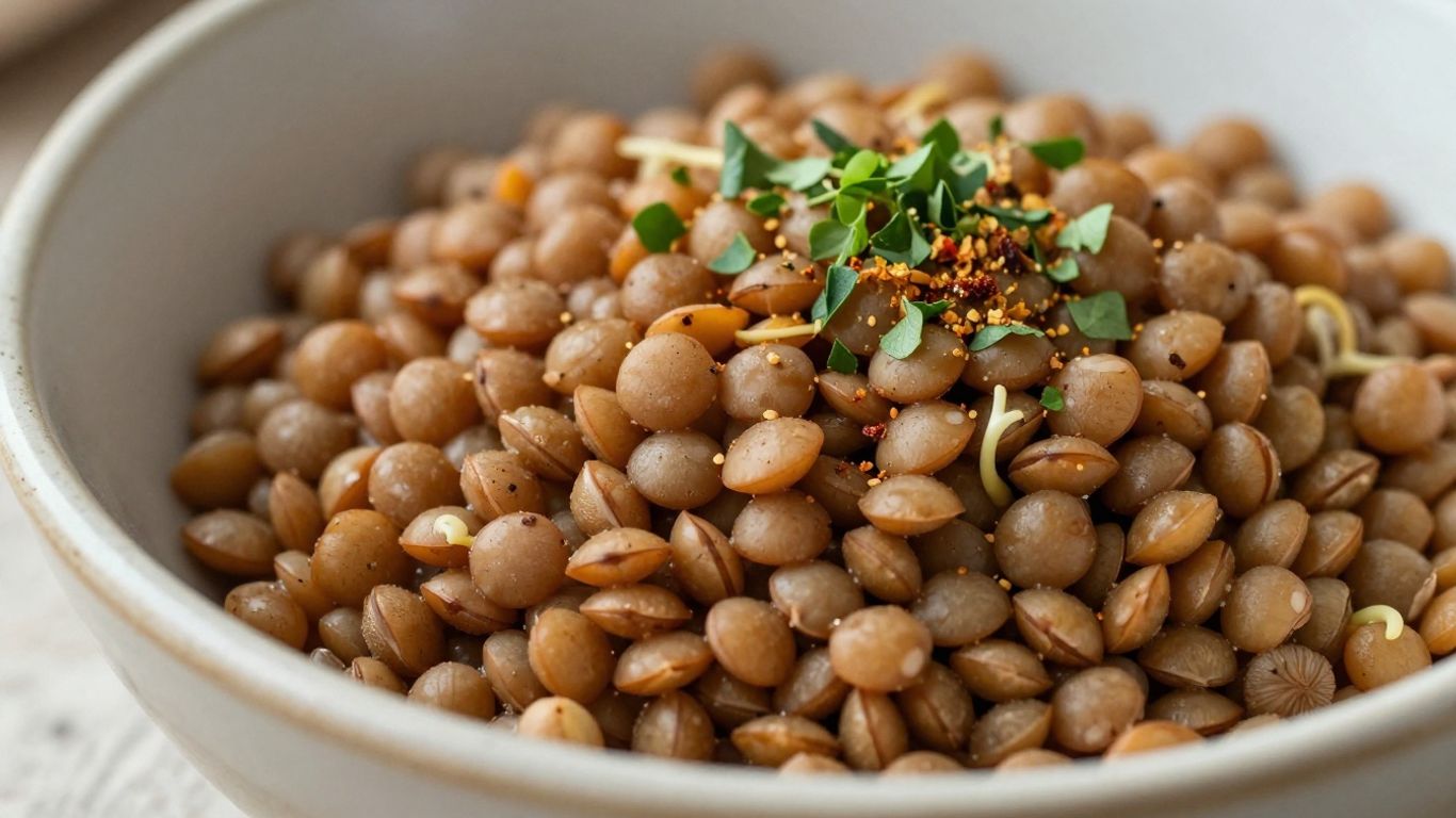 Cooked lentils with herbs and spices in a bowl.
