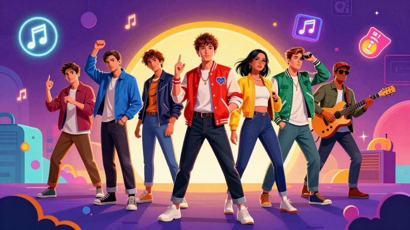 Pop culture montage of movie, music, and TV icons.