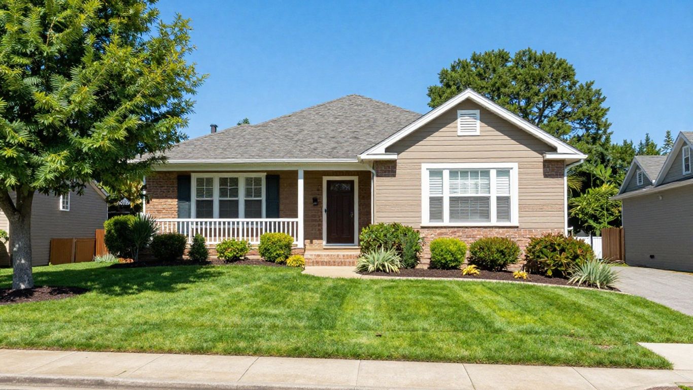 A clean suburban home with a for sale sign