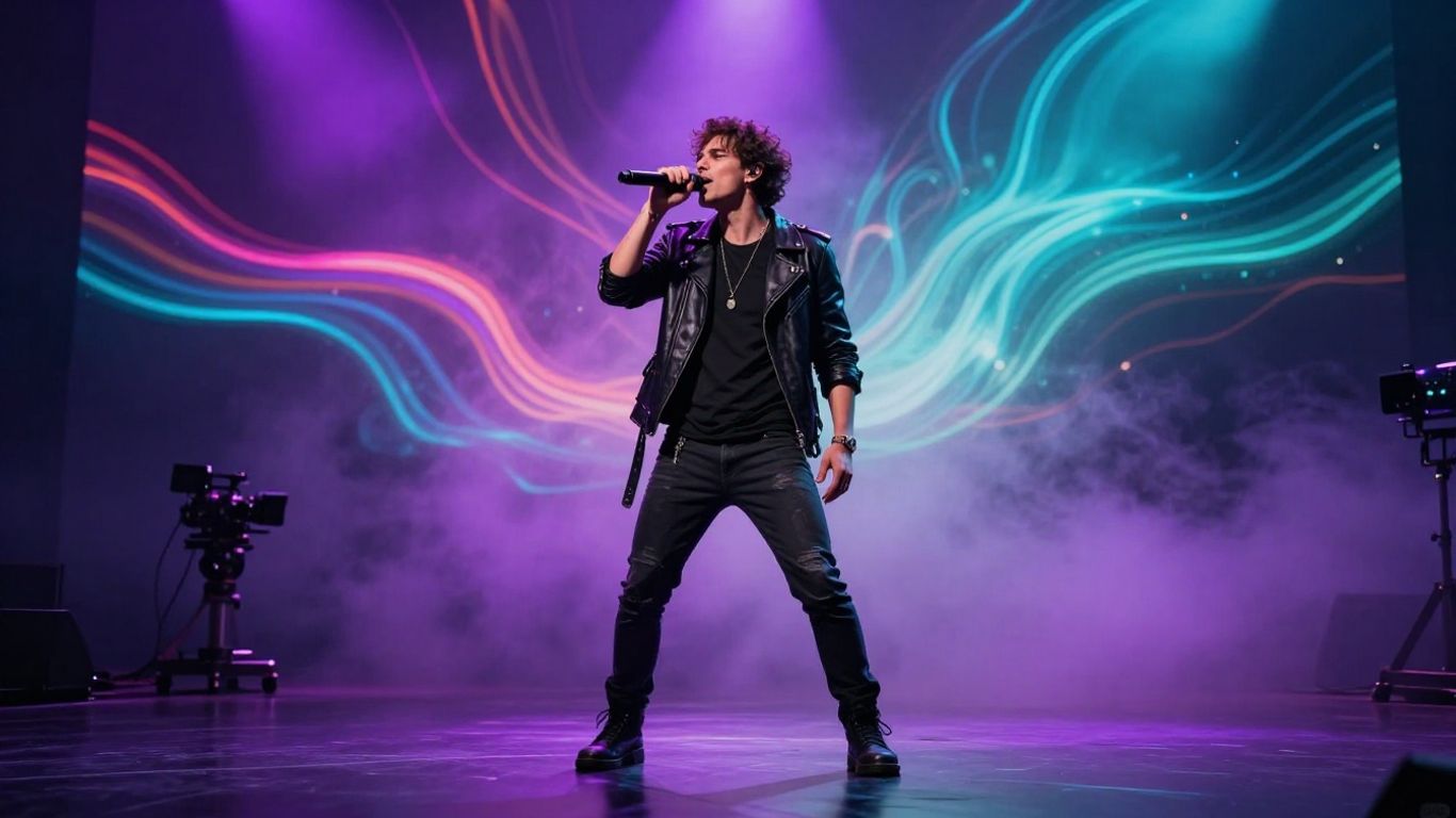 Singing performer surrounded by colorful studio visuals