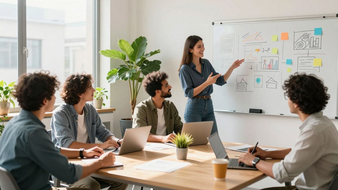 Team collaborating in a bright, modern office environment.