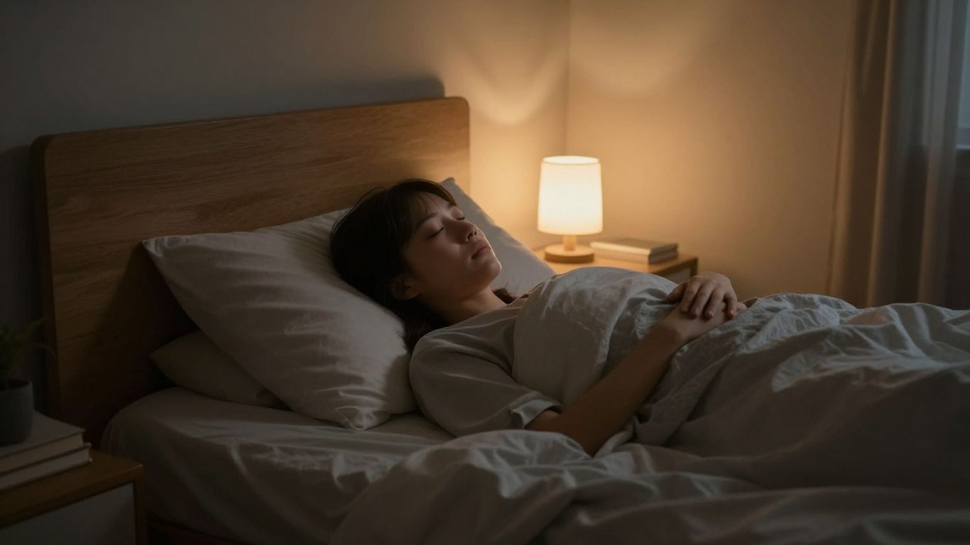 Schlafzimmer mit gedämpftem Licht und schlafender Person im Bett.