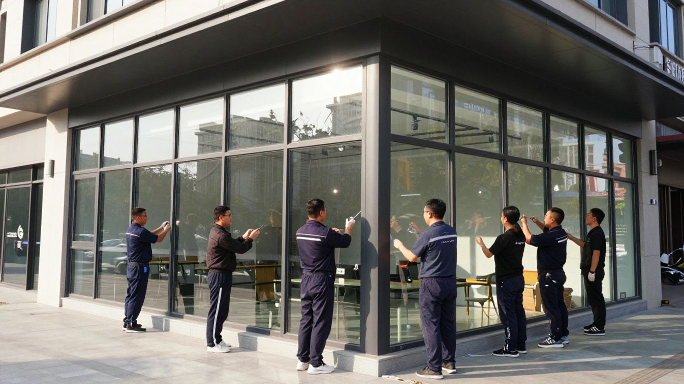 Commercial shopfront installation in progress.