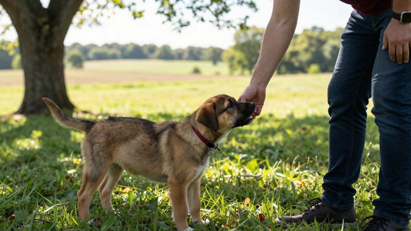 Handler training a puppy to stop biting outdoors.