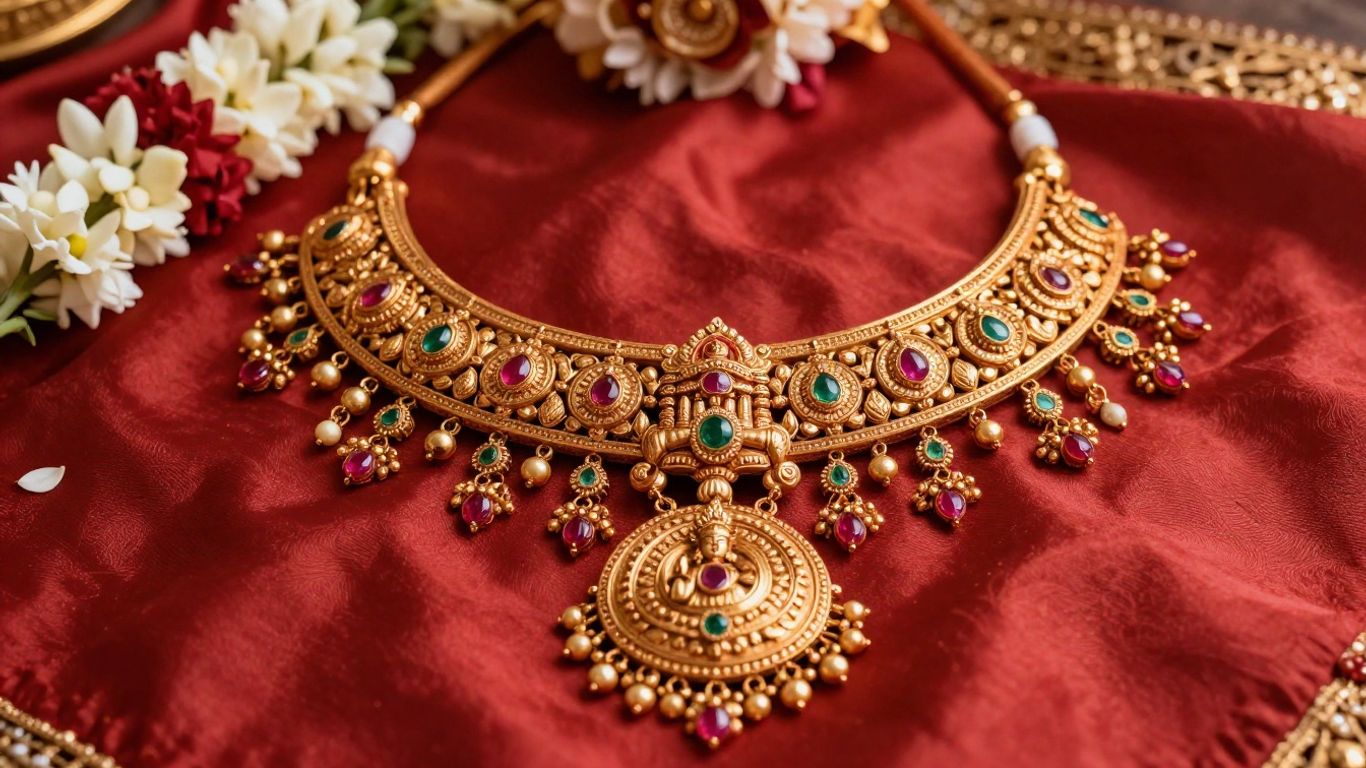 Long traditional bridal haram with temple motifs