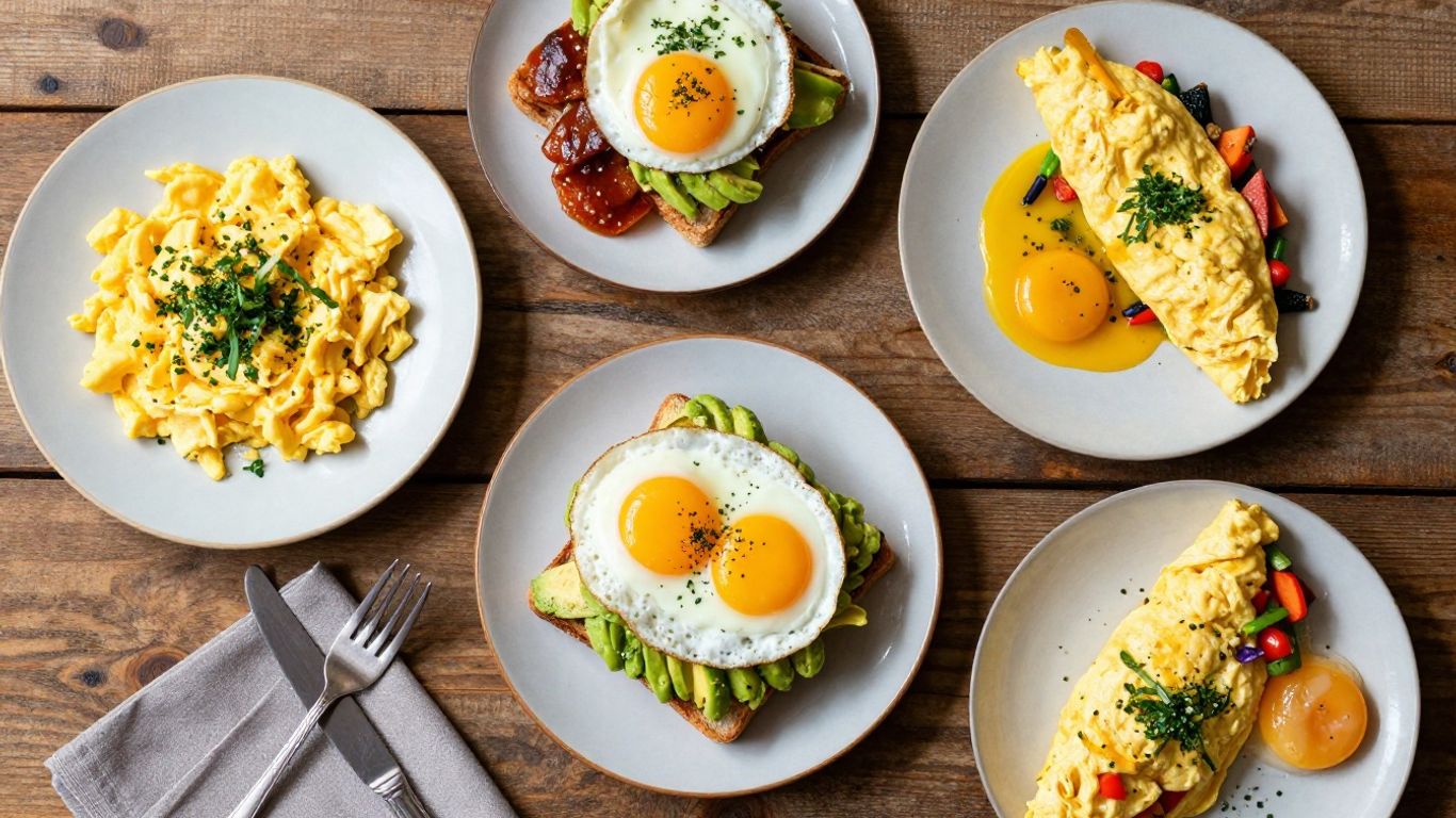 Healthy egg breakfast dishes on a rustic table.