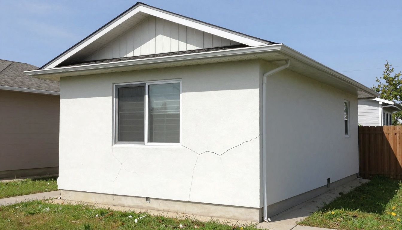 Photorealistic residential stucco home in suburban Chicago showing visible exterior cracks near a window, natural daylight, realistic proportions, no people, no text, no logos, no artificial aesthetic