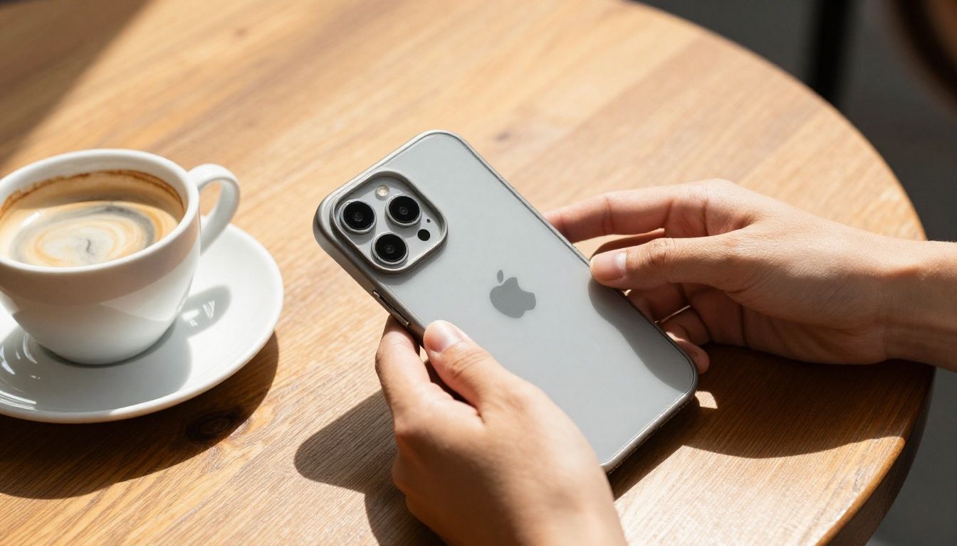 A person in a sunlit Australian cafe placing their iPhone 16 in a stylish case onto a wooden table next to a coffee cup.