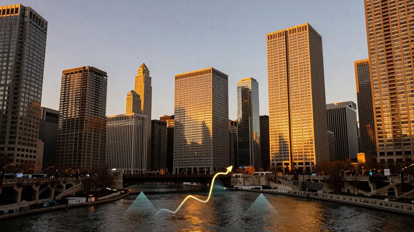 Chicago skyline with abstract upward growth elements.