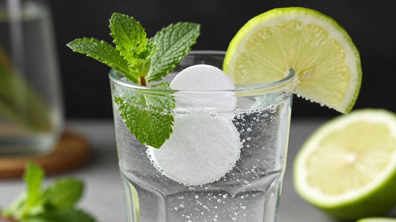 Magnesium effervescent tablet dissolving in water with lemon.