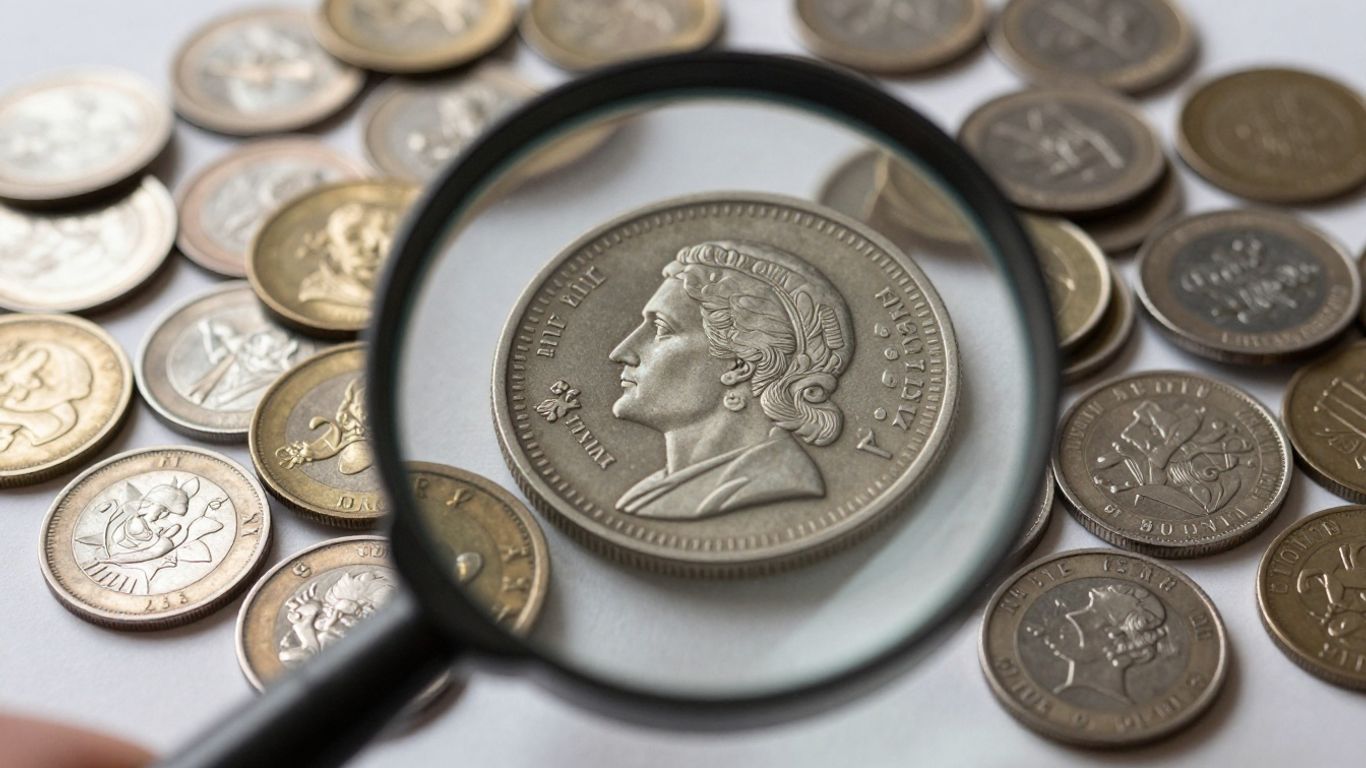 Magnifying glass over a collection of detailed coins.