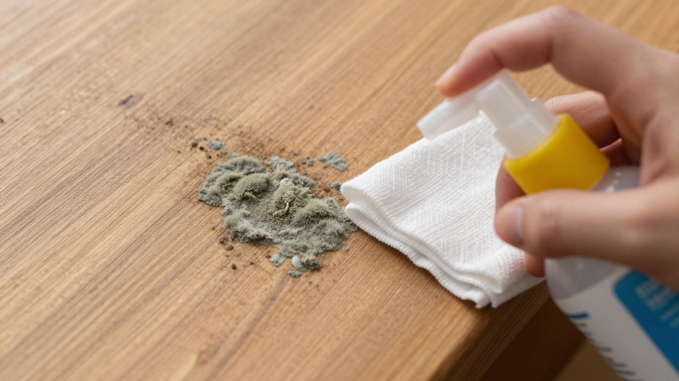 Wood mold removal with natural spray and cloth.