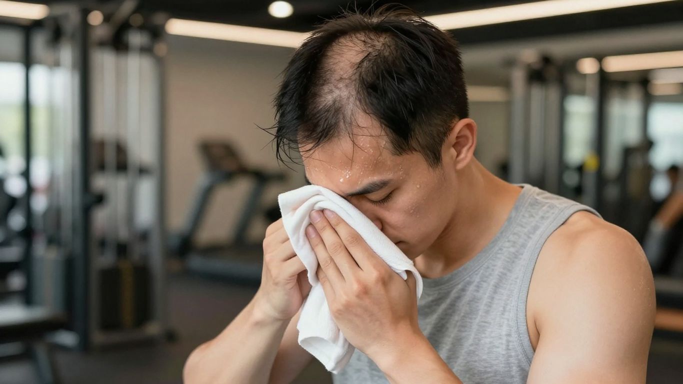 Young man with thinning hair at the gym