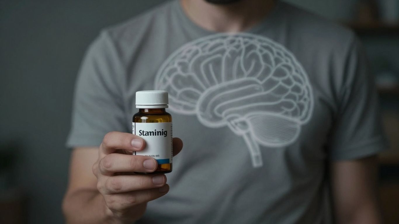 Statin bottle and confused person with hazy brain outline.