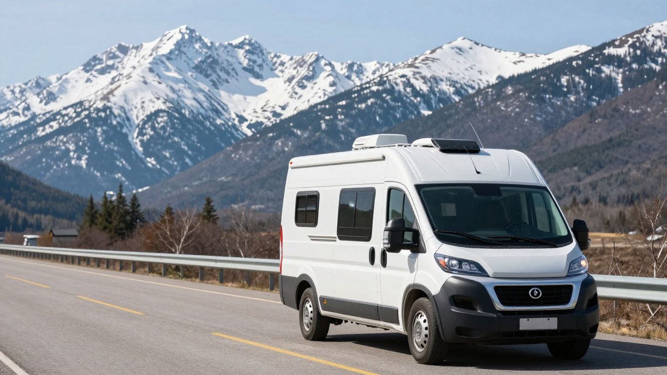 Motorhome on a Canadian highway with mountains.