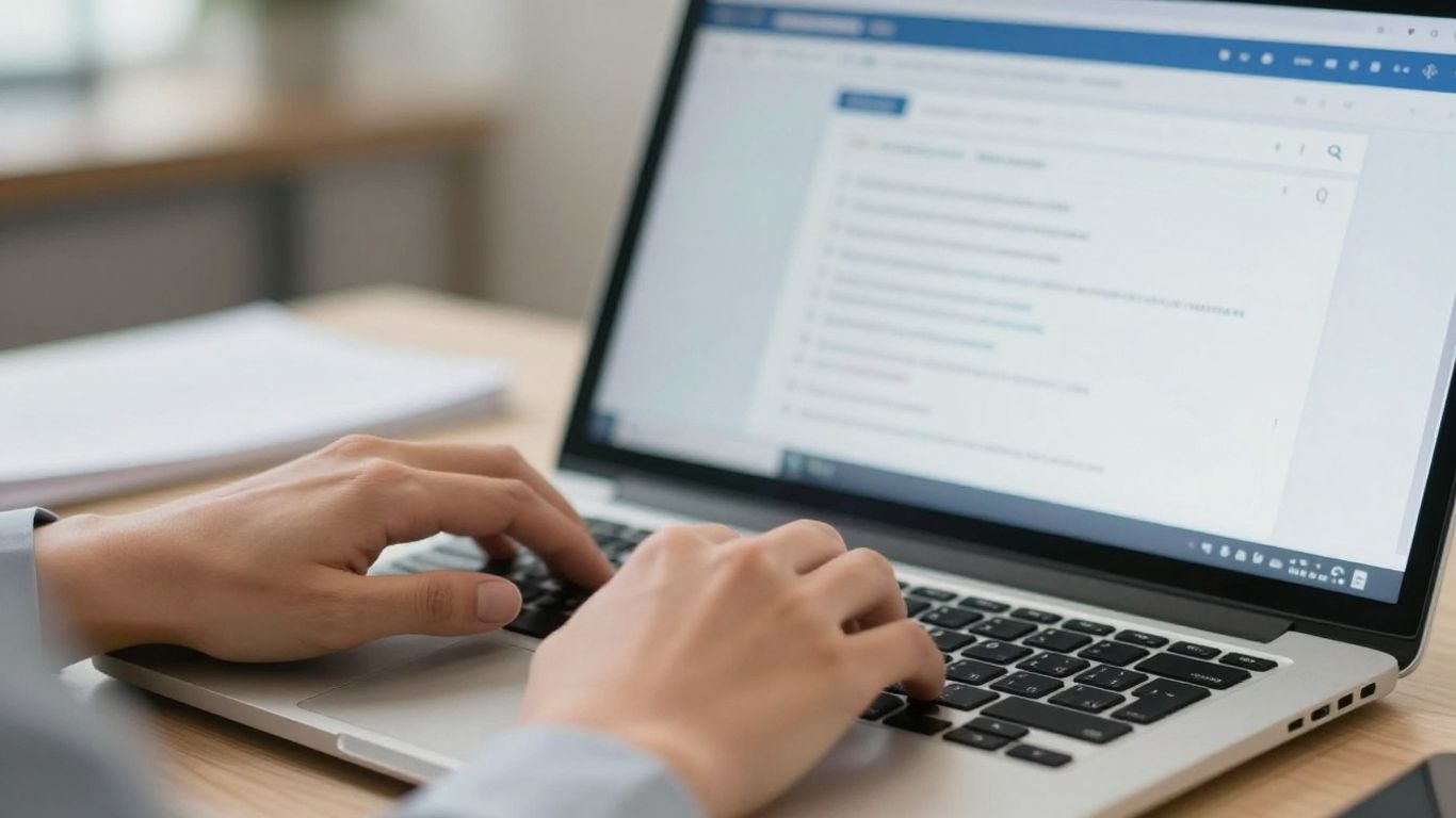 Person typing on laptop, email inbox visible on screen.