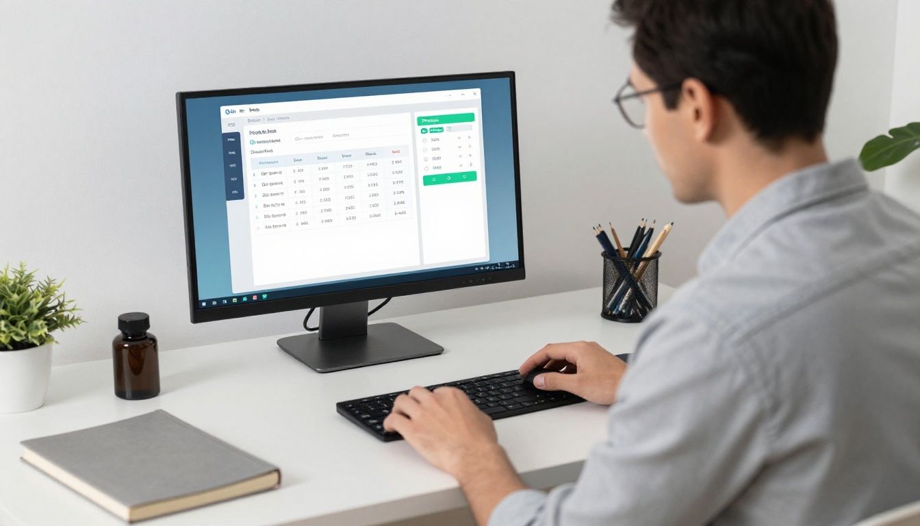 A professional man checking his health data on a modern device, with a clean and organized workspace reflecting a focus on personal health management.