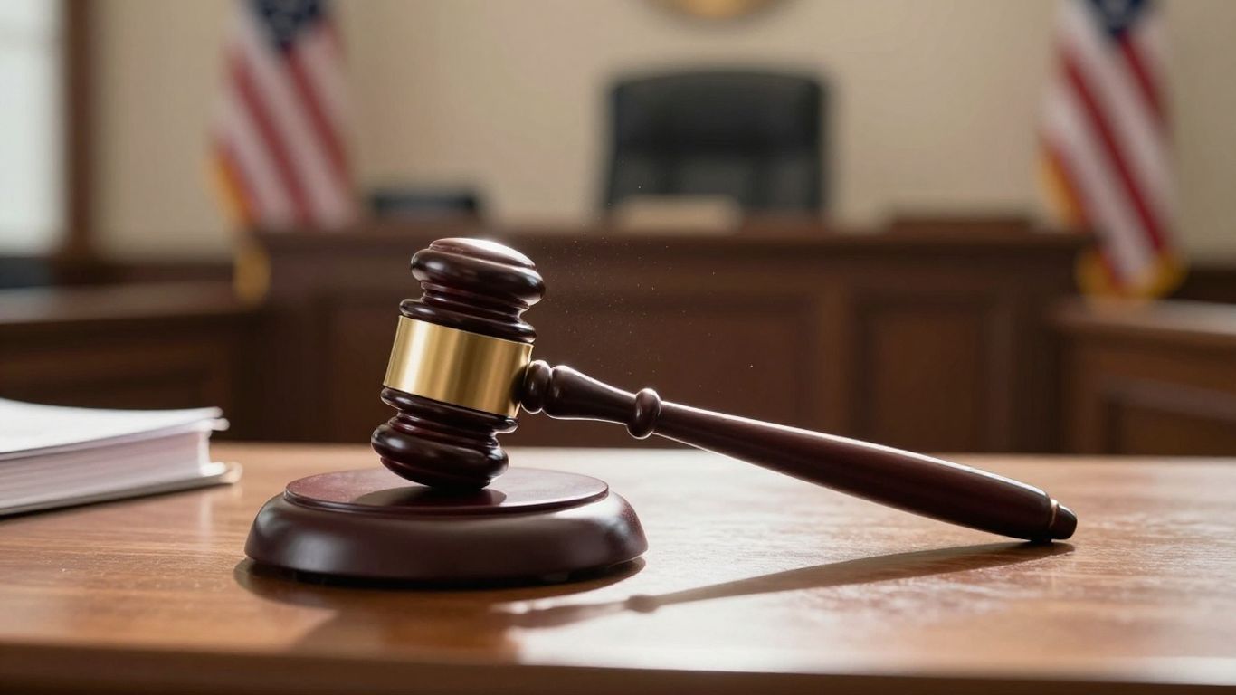 Gavel on a courtroom desk with sunlight