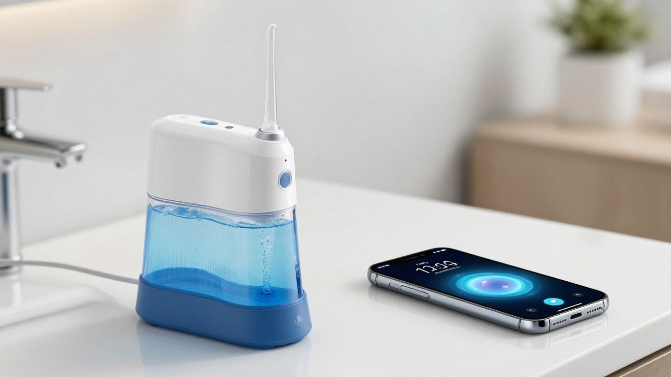 Irrigador dental moderno con pantalla de smartphone futurista.