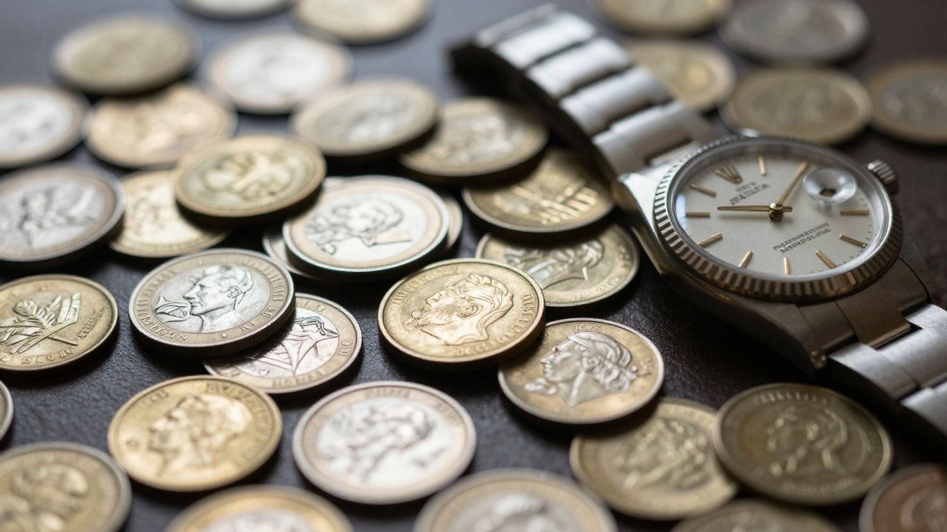 World coins and a Rolex watch for sale.