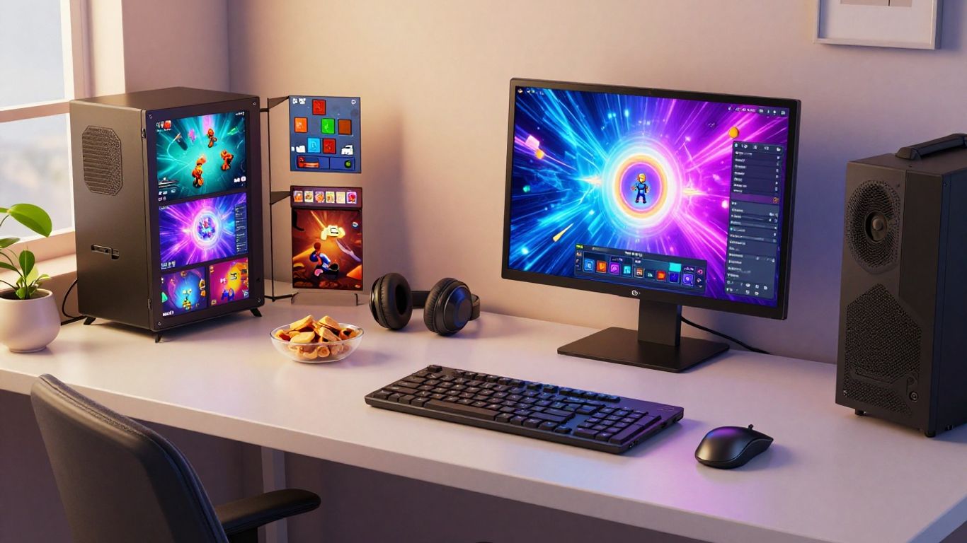 A colourful browser gaming desk scene