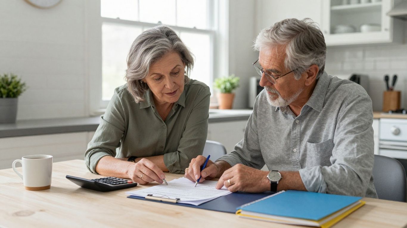Older couple reviewing mortgage documents at home