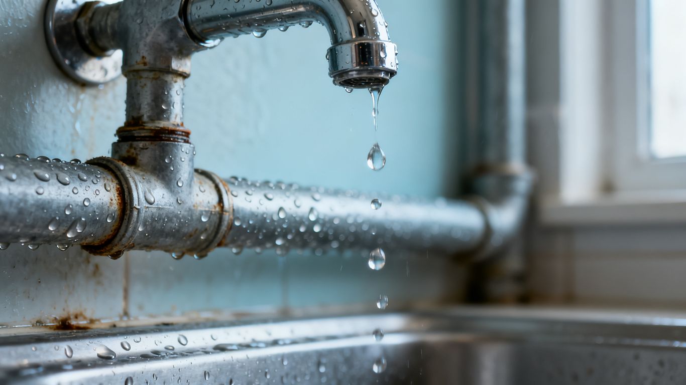Dripping faucet with condensation on pipes.