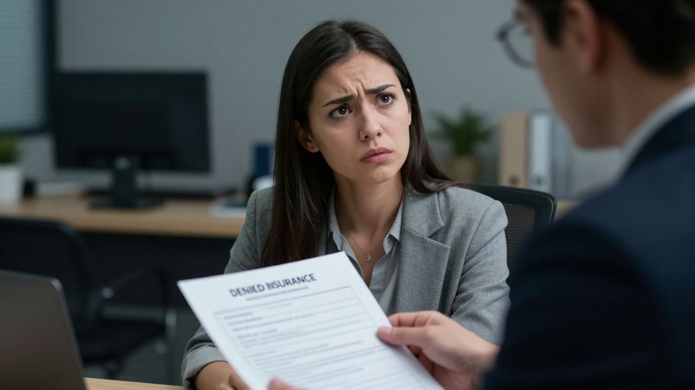 Frustrated person with denied claim, lawyer offering help.
