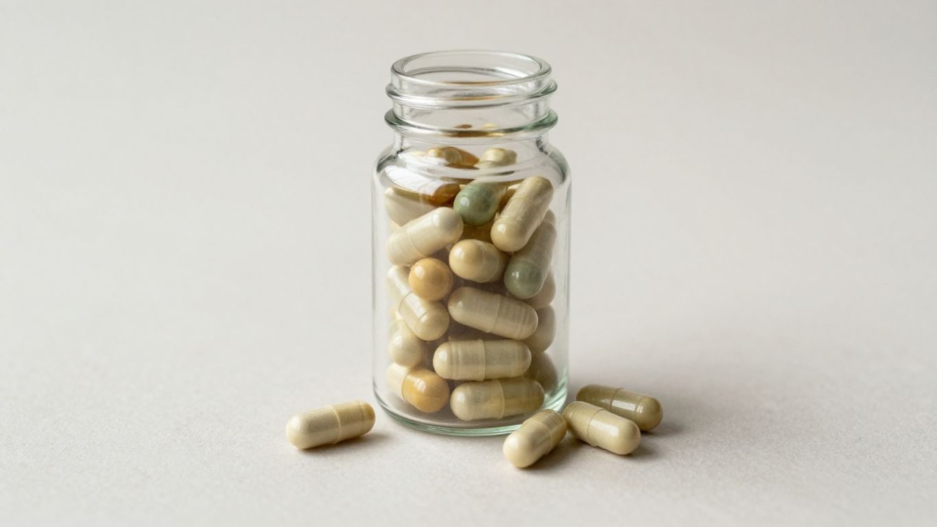 Bottle of probiotic supplements with scattered capsules.