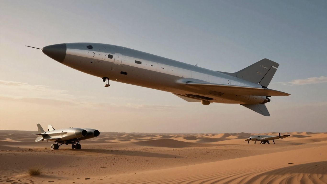 Drone interceptor system in desert twilight.