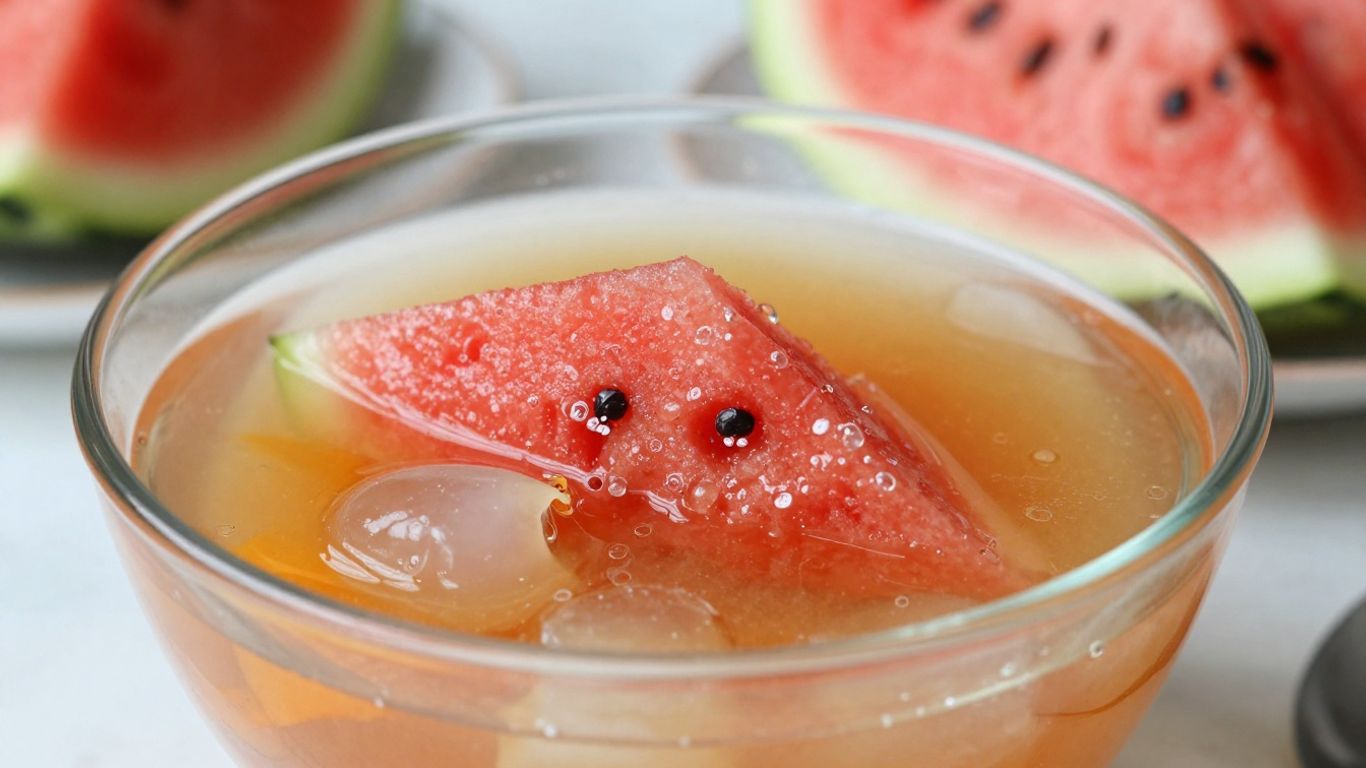 Assortment of hydrating foods: soup, fruit, and gel.