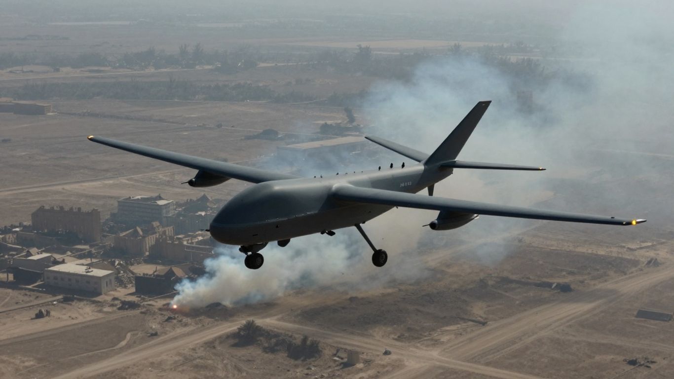Military drone flying over a conflict zone.