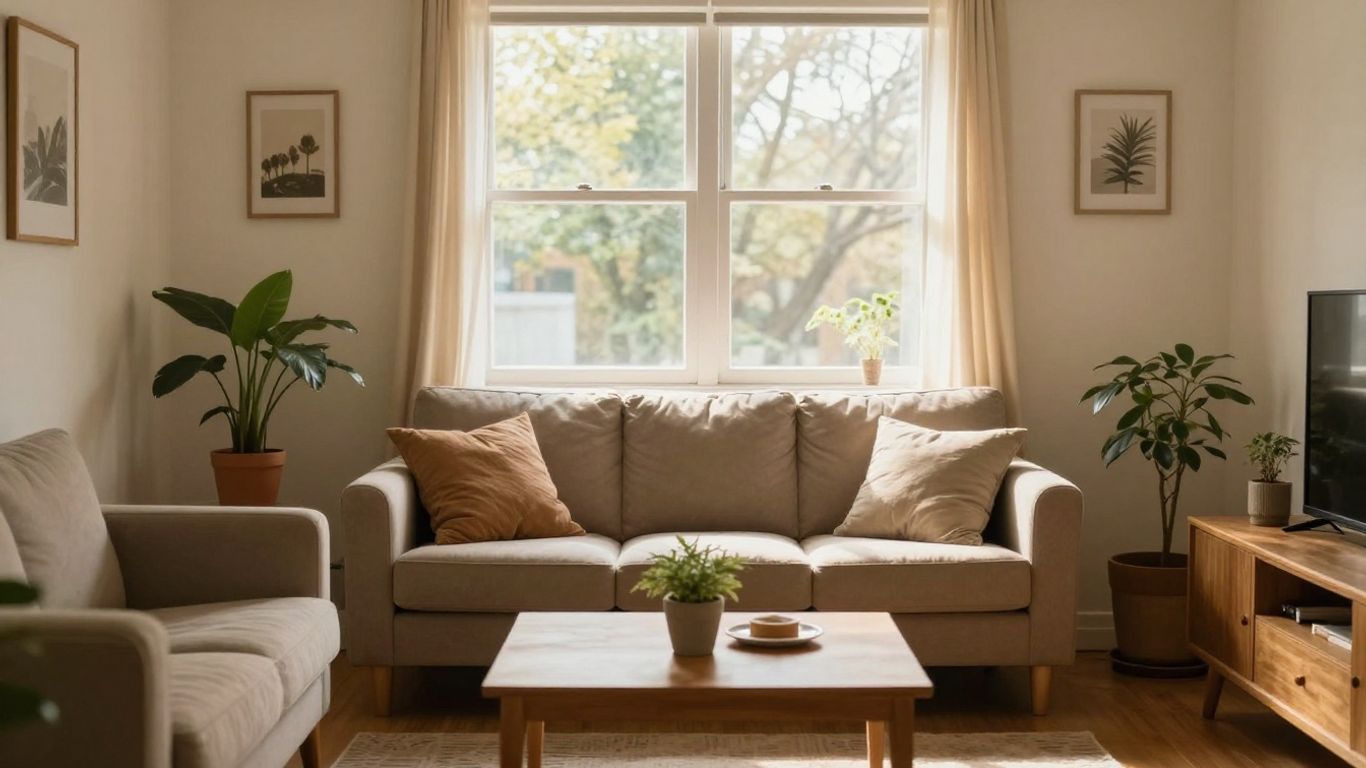 Hogar alquilado con sofá cómodo y planta.