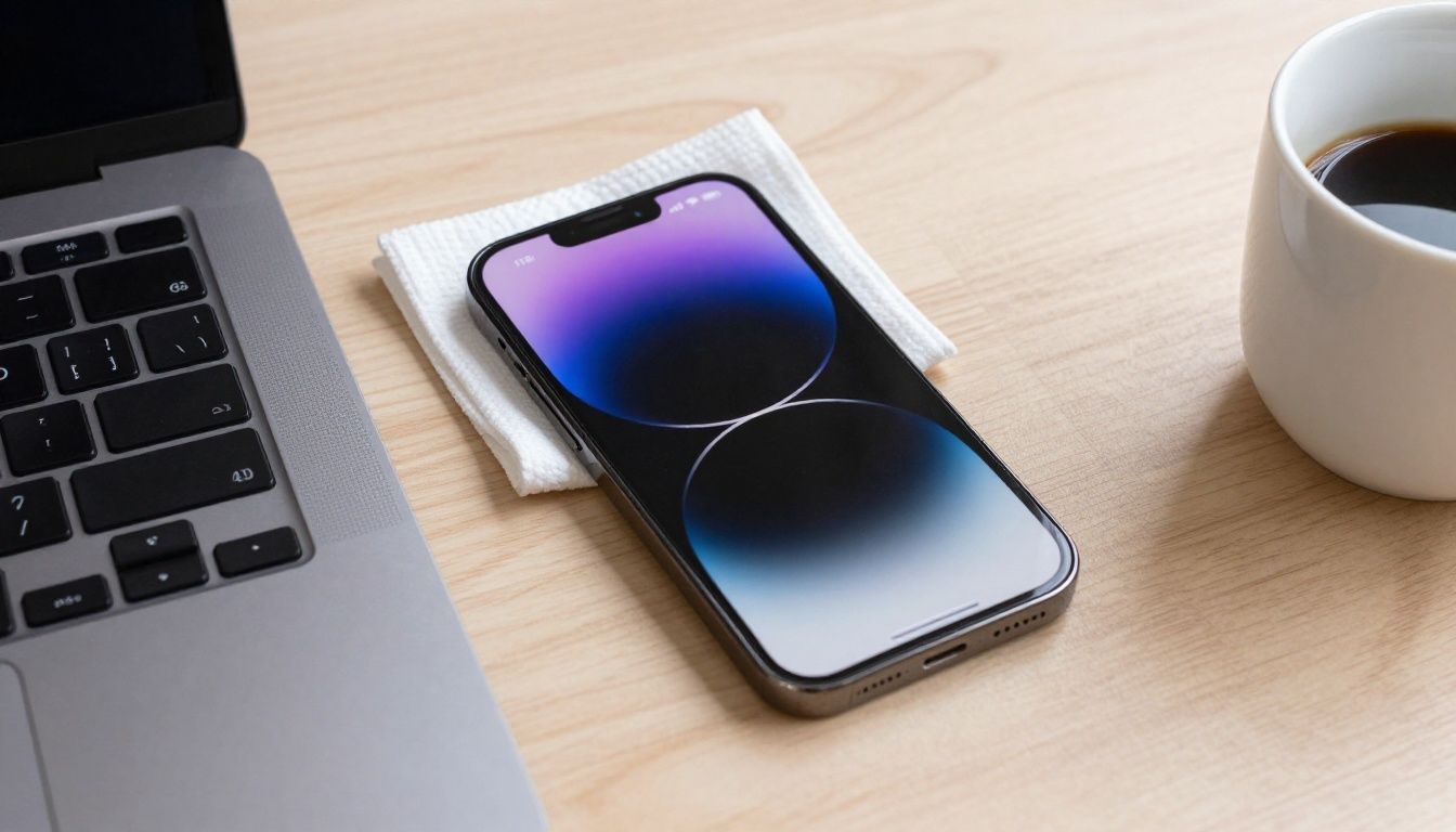 An iPhone 16 Pro Max with a screen protector being wiped clean with a microfibre cloth, sitting on a desk next to a laptop and a coffee mug.