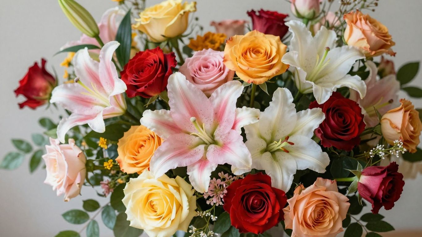 Stunning floral bouquet with vibrant roses and lilies.