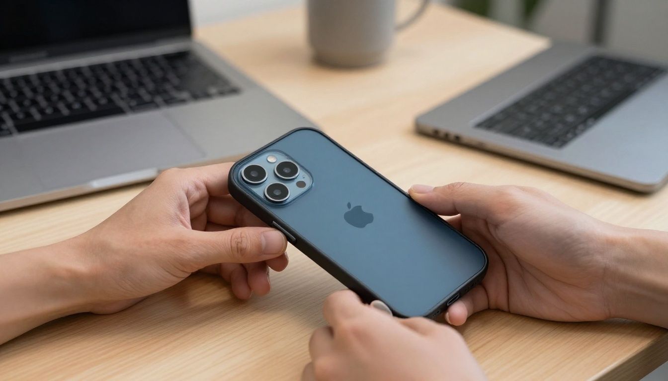 A person carefully placing their new iPhone 16 Plus into a protective case, with a clean, modern desk in the background