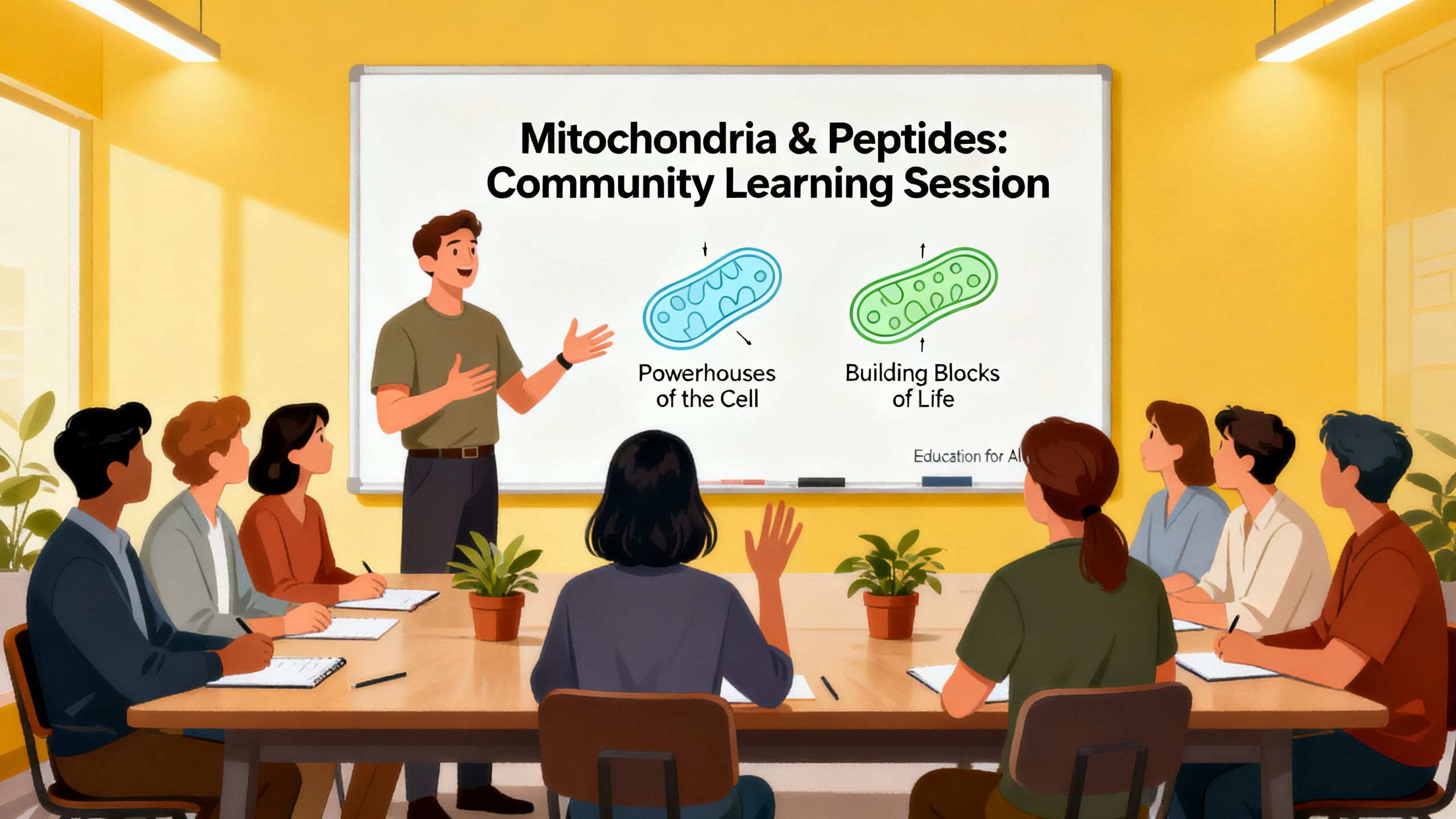 Coach leading a group discussion about mitochondria and peptides, emphasizing community and education