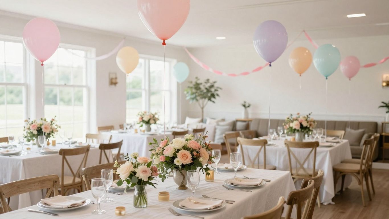 Elegant baby shower venue in Addison, TX with balloons and flowers.