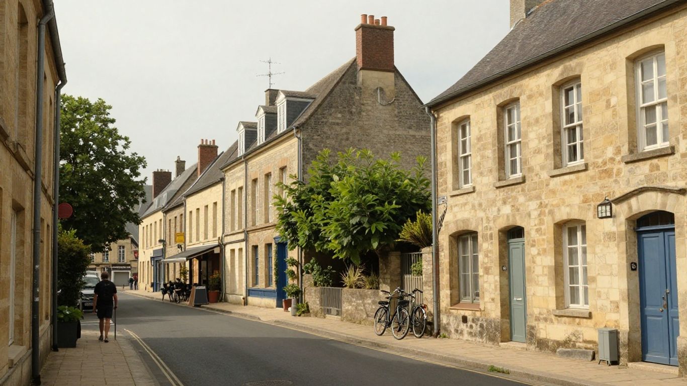 Quiet Pontorson street with bicycles and cafés