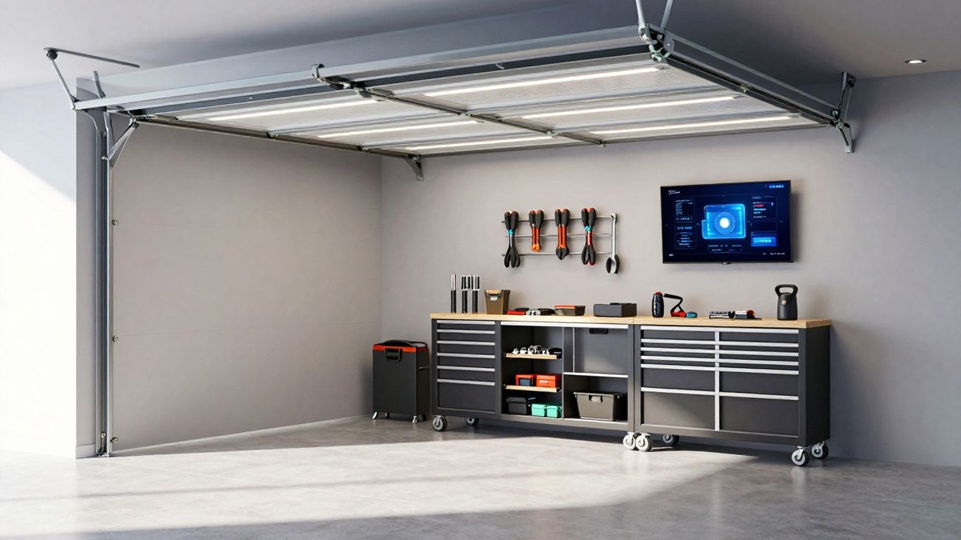 Modern garage with open door and digital interface.
