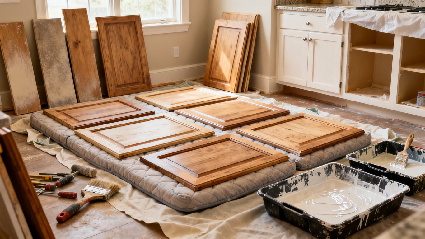 Painted kitchen cabinets during preparation