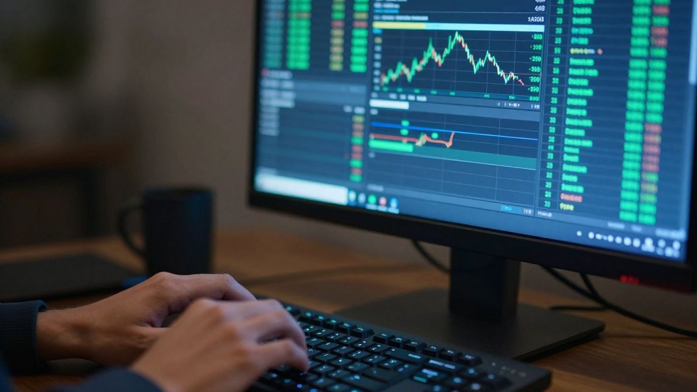 Hands interacting with advanced algo trading software on a monitor.