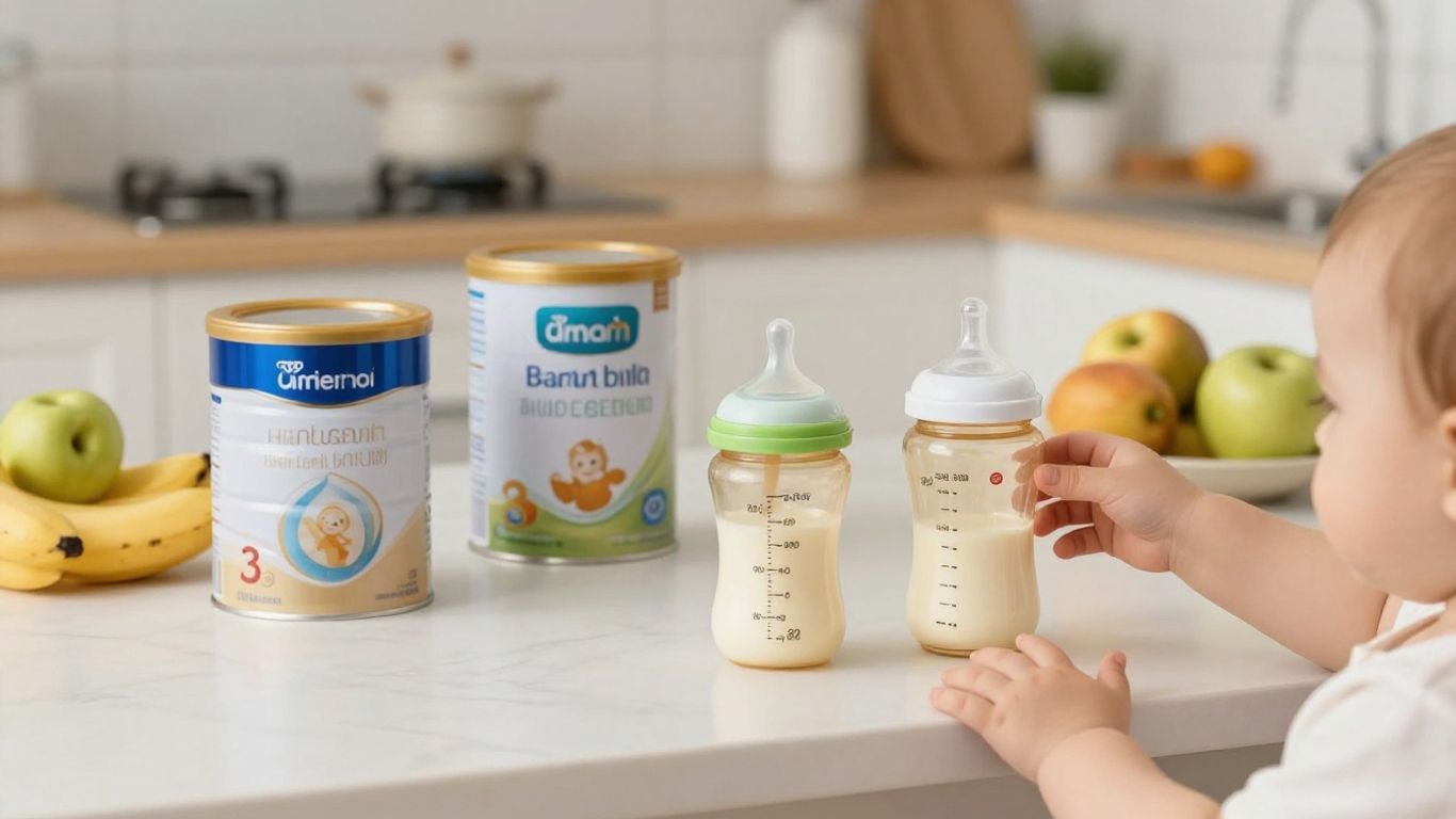 Latas de leche para bebés y biberones en una cocina.